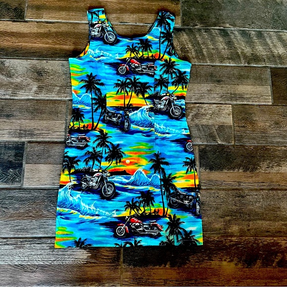 K Y’s made in Hawaii bright cotton sheath dress with palm trees & motorcycles L - Picture 1 of 8